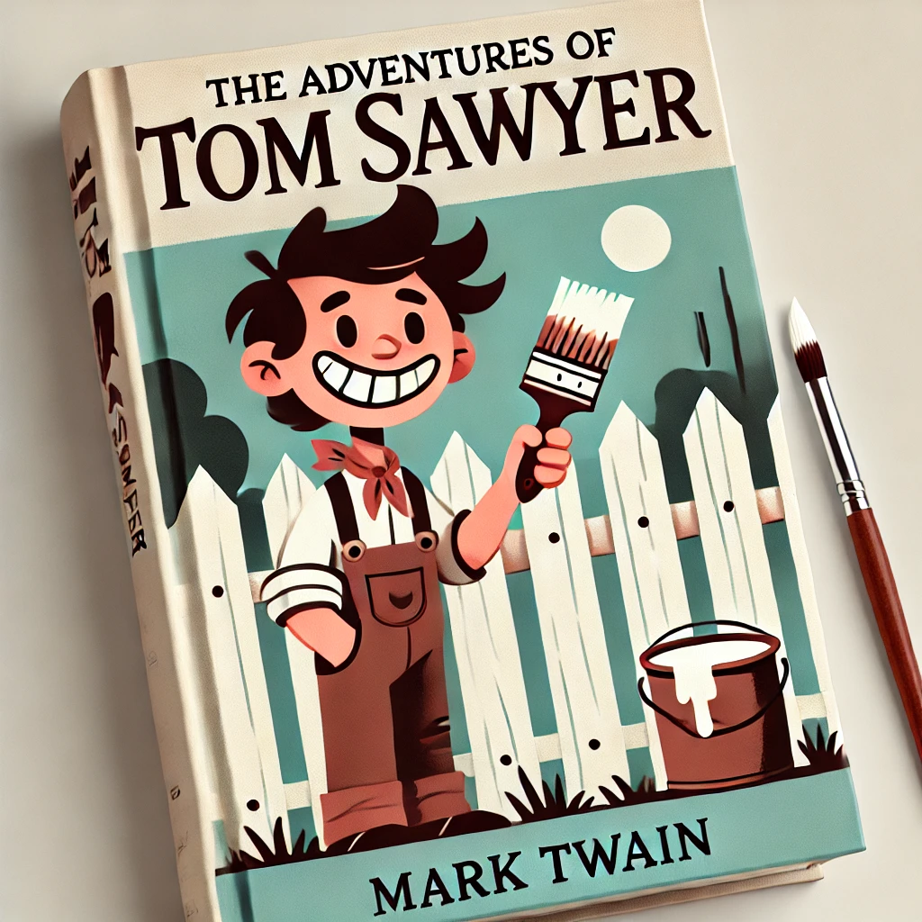 A cartoonish and simple book cover for 'The Adventures of Tom Sawyer' by Mark Twain. The cover features a stylized, exaggerated character of a young b