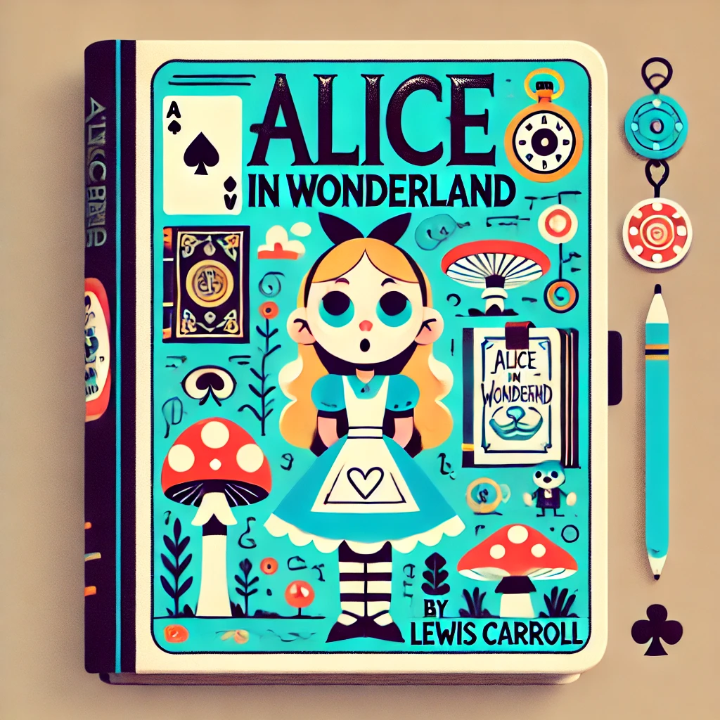 A cartoonish and simple book cover for 'Alice in Wonderland' by Lewis Carroll. The cover features a stylized character of Alice, with her iconic dress