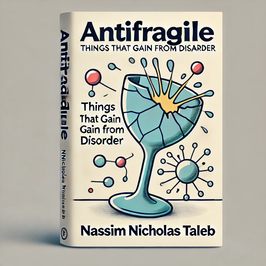 A cartoonish and simple book cover for 'Antifragile_ Things That Gain from Disorder' by Nassim Nicholas Taleb, featuring the title prominently