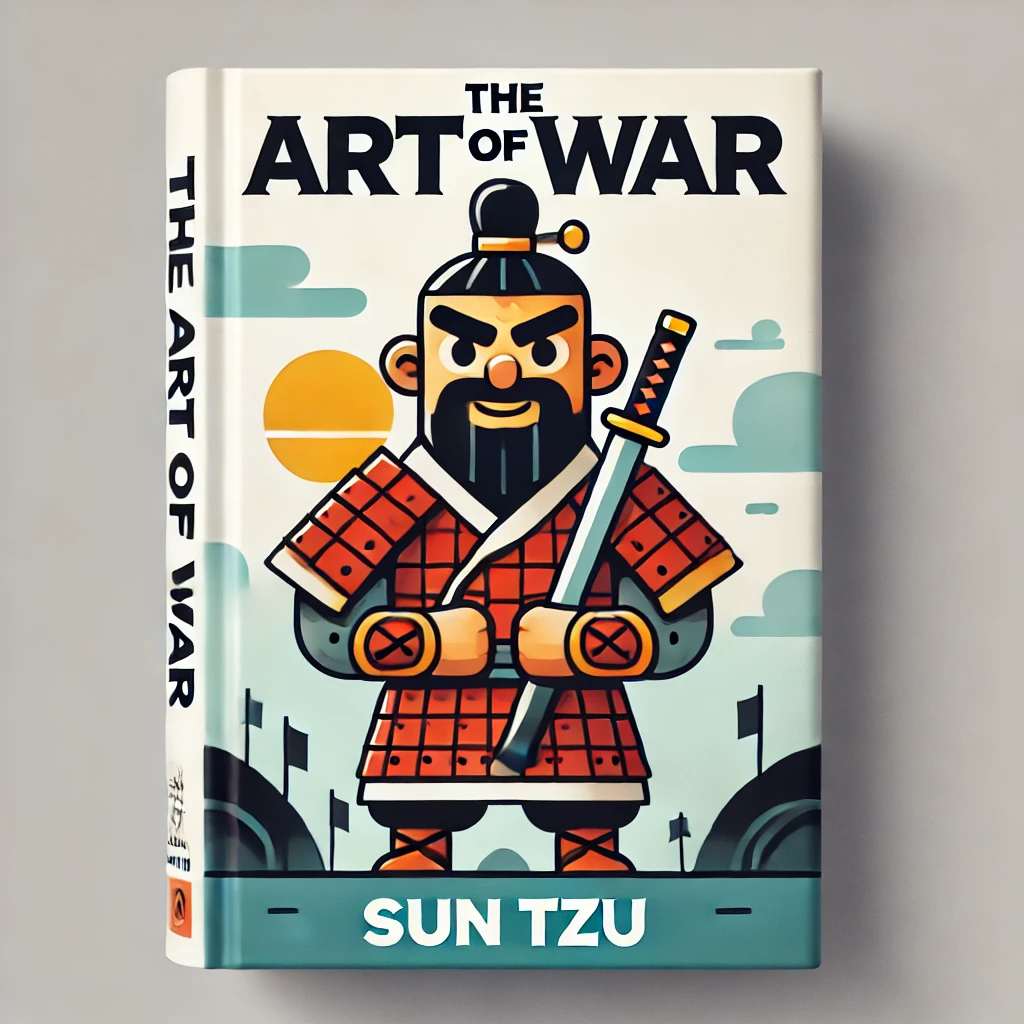 A cartoonish and simple book cover for 'The Art of War' by Sun Tzu. The cover features a stylized, exaggerated character of an ancient Chinese warrior