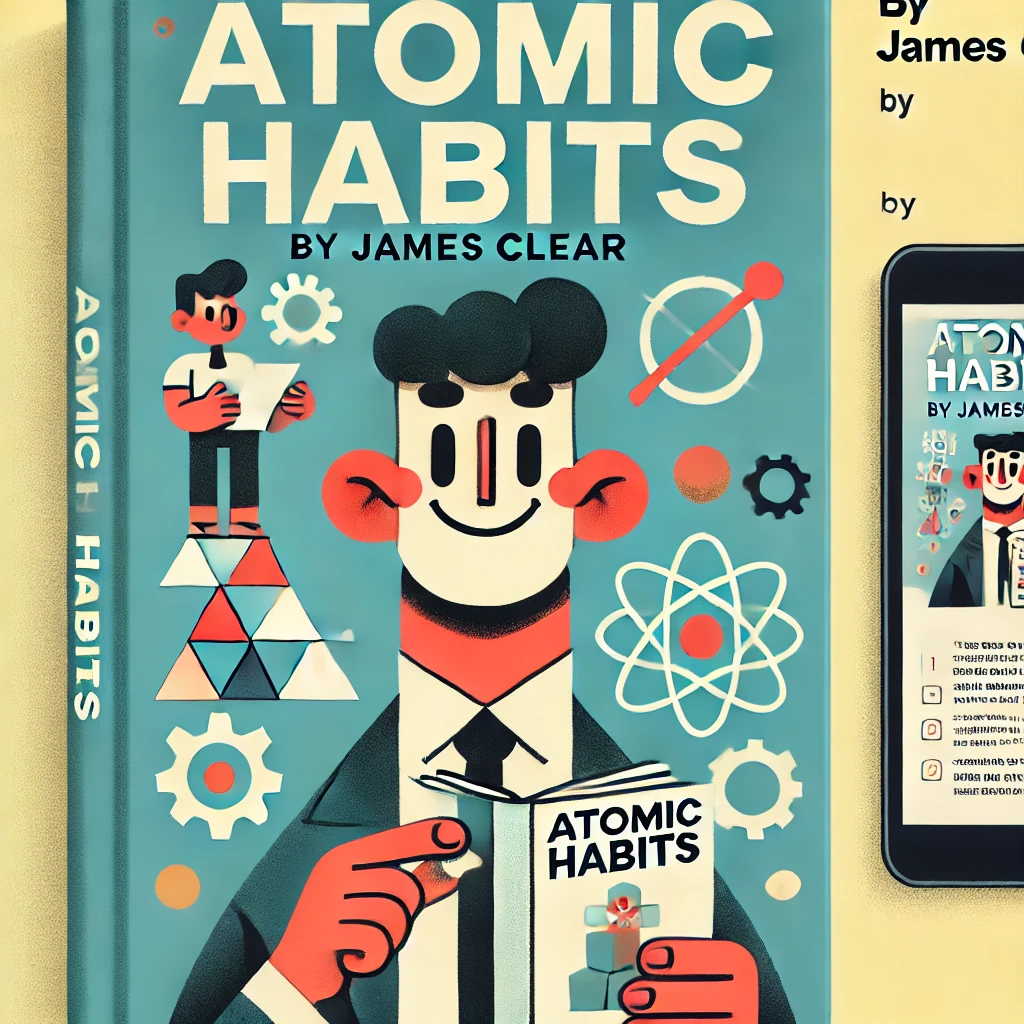 A cartoonish and simple book cover for 'Atomic Habits' by James Clear. The cover features a stylized, exaggerated character representing a person.