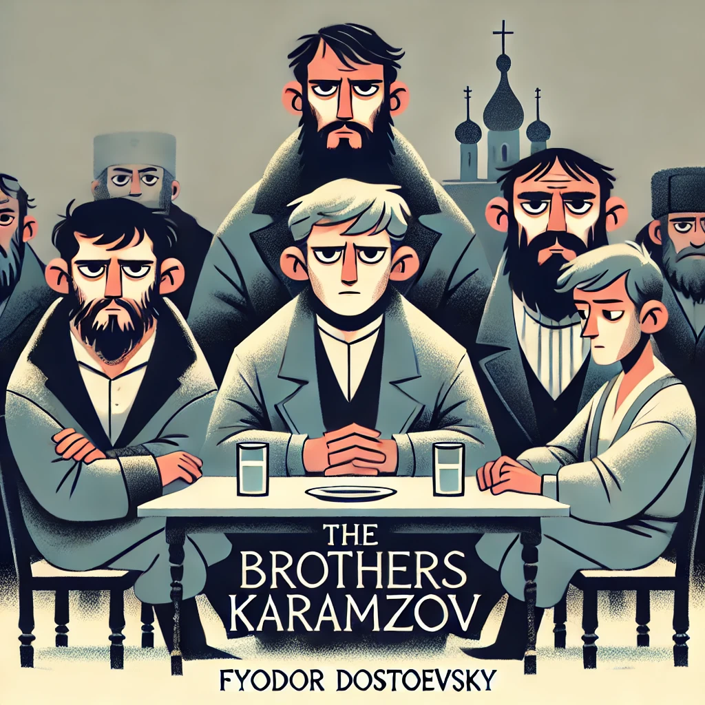 A cartoonish and simple book cover for 'The Brothers Karamazov' by Fyodor Dostoevsky, featuring all three brothers sitting at a table.