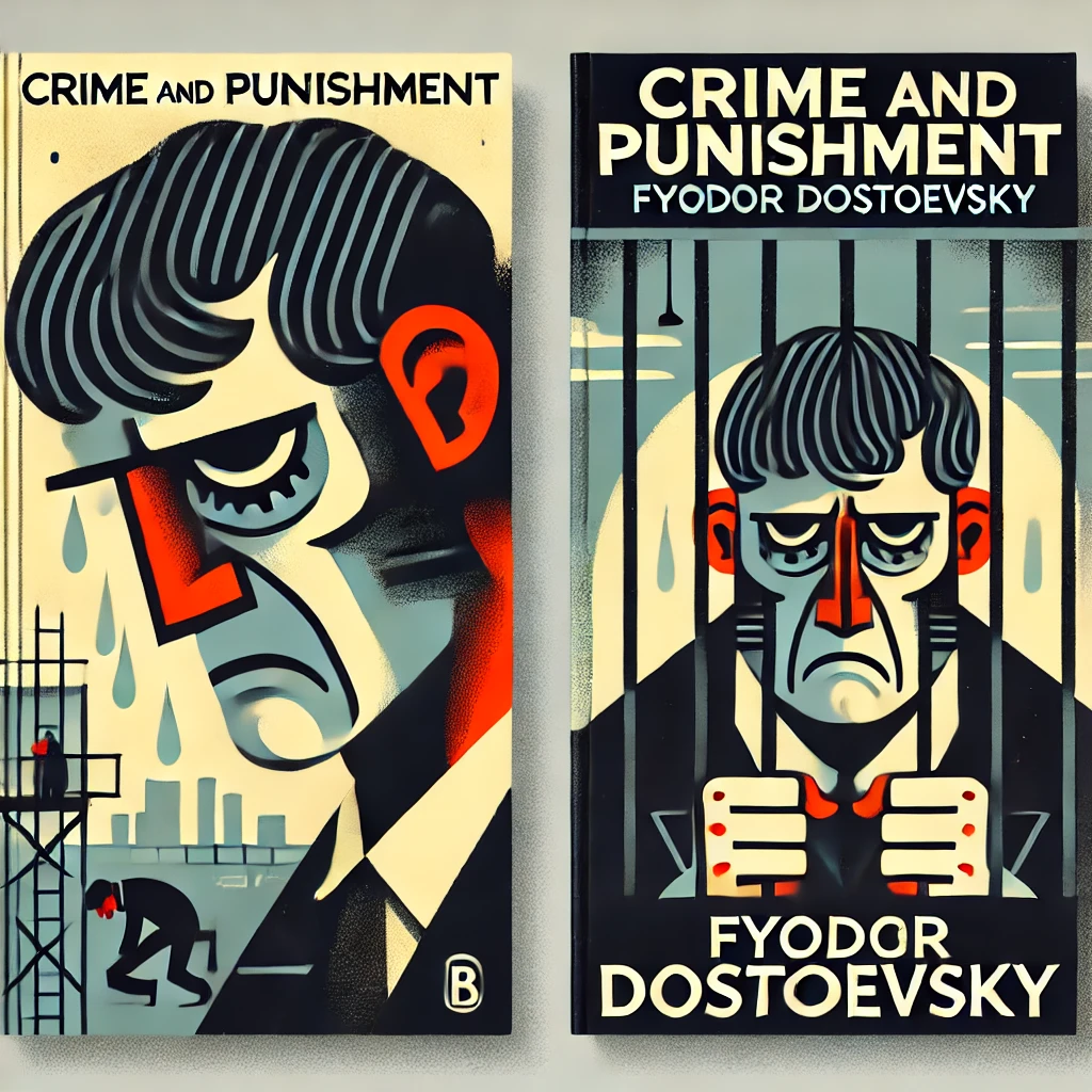 cartoonish and simple book cover for 'Crime and Punishment' by Fyodor Dostoevsky. This version features a stylized, exaggerated character