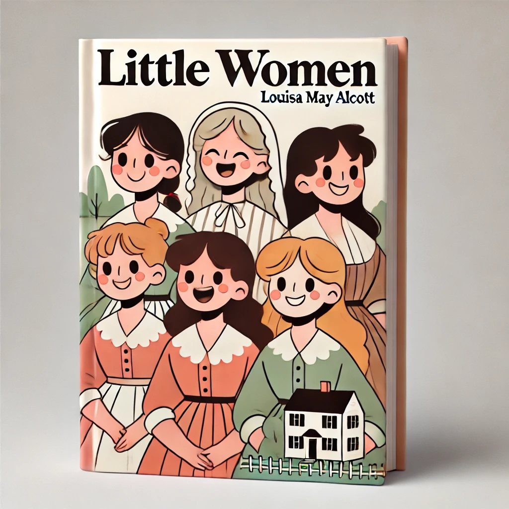 cartoonish and simple book cover for-Little Women-by Louisa May Alcott. The cover features four young women, each with distinct hairstyles and out