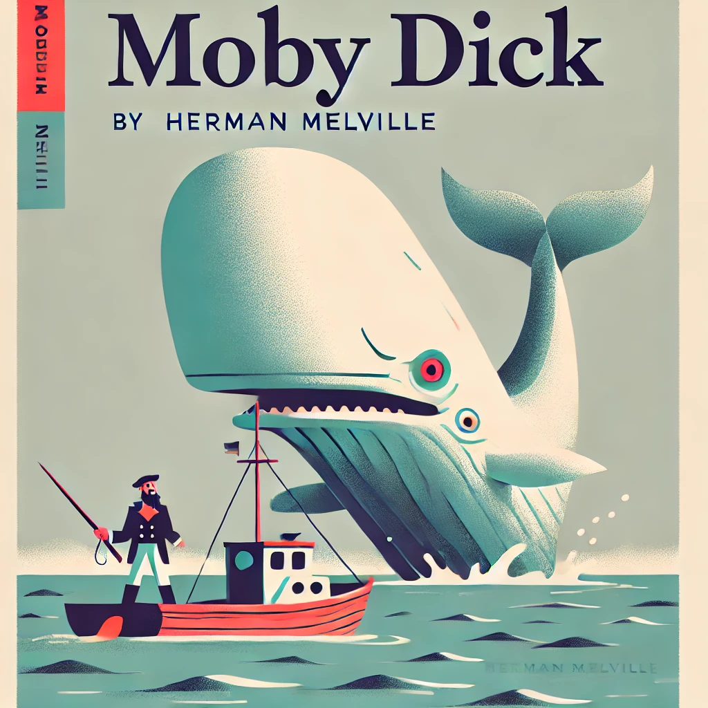  A cartoonish and simple book cover for 'Moby Dick' by Herman Melville. The cover features a large white whale, Moby Dick, with a menacing yet exaggera