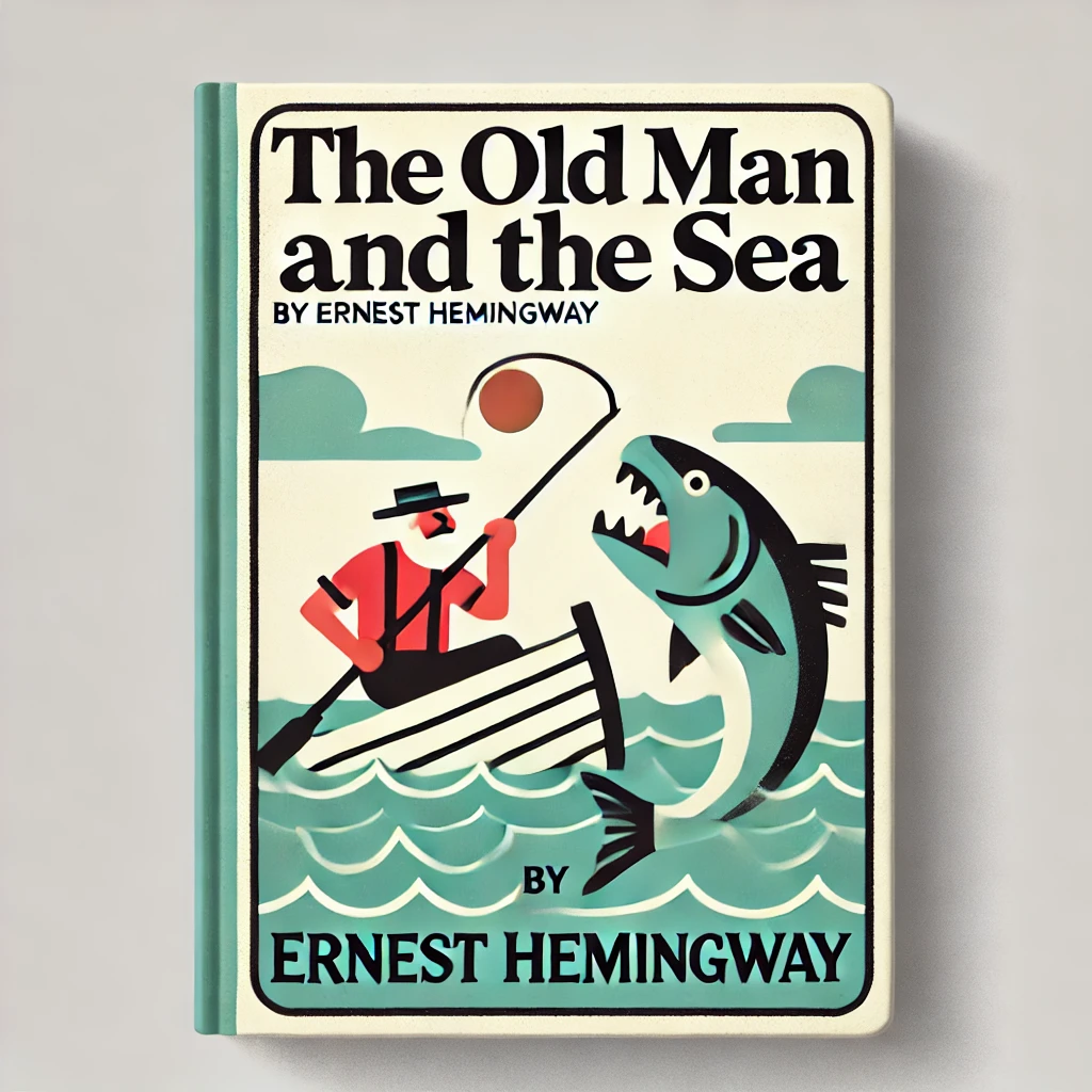 A cartoonish and simple book cover for 'The Old Man and the Sea' by Ernest Hemingway, featuring the title prominently.