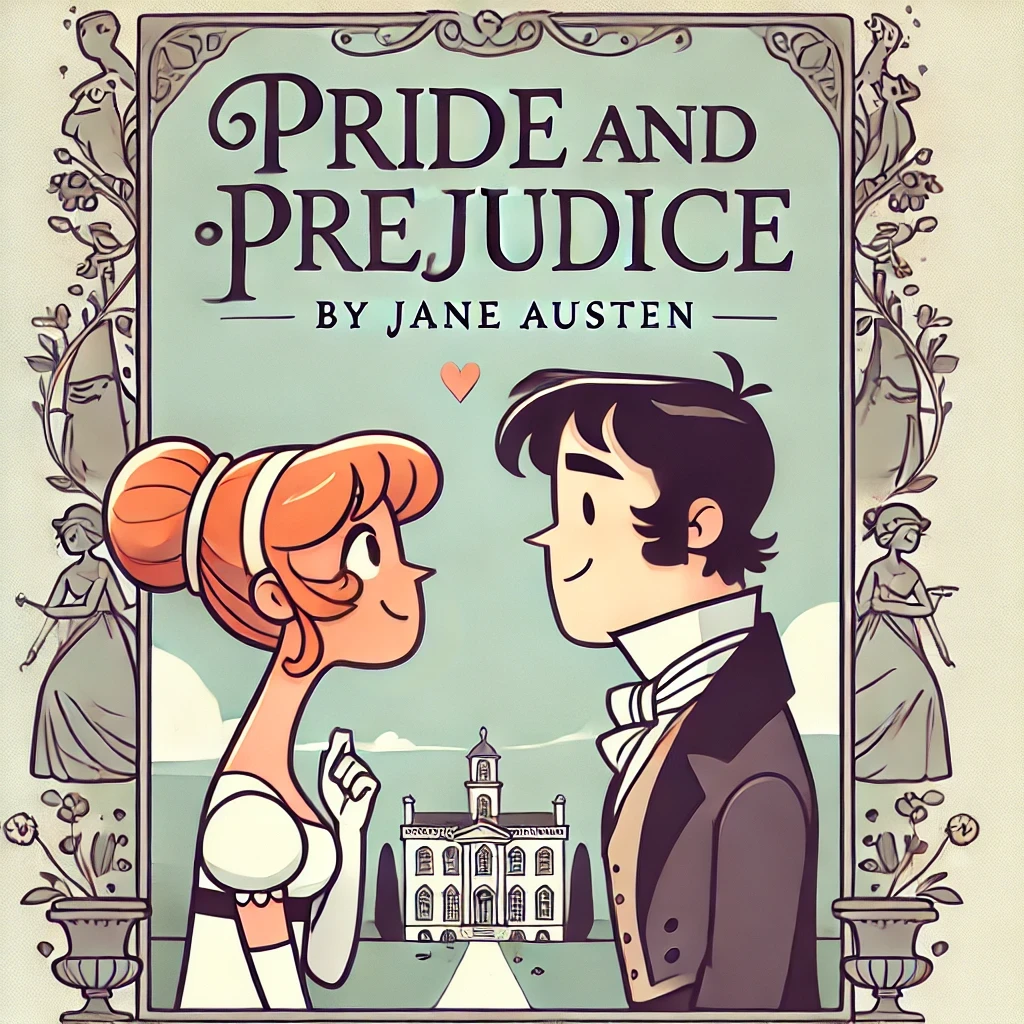 A cartoonish and simple book cover for 'Pride and Prejudice' by Jane Austen, featuring the title and author's name prominently.