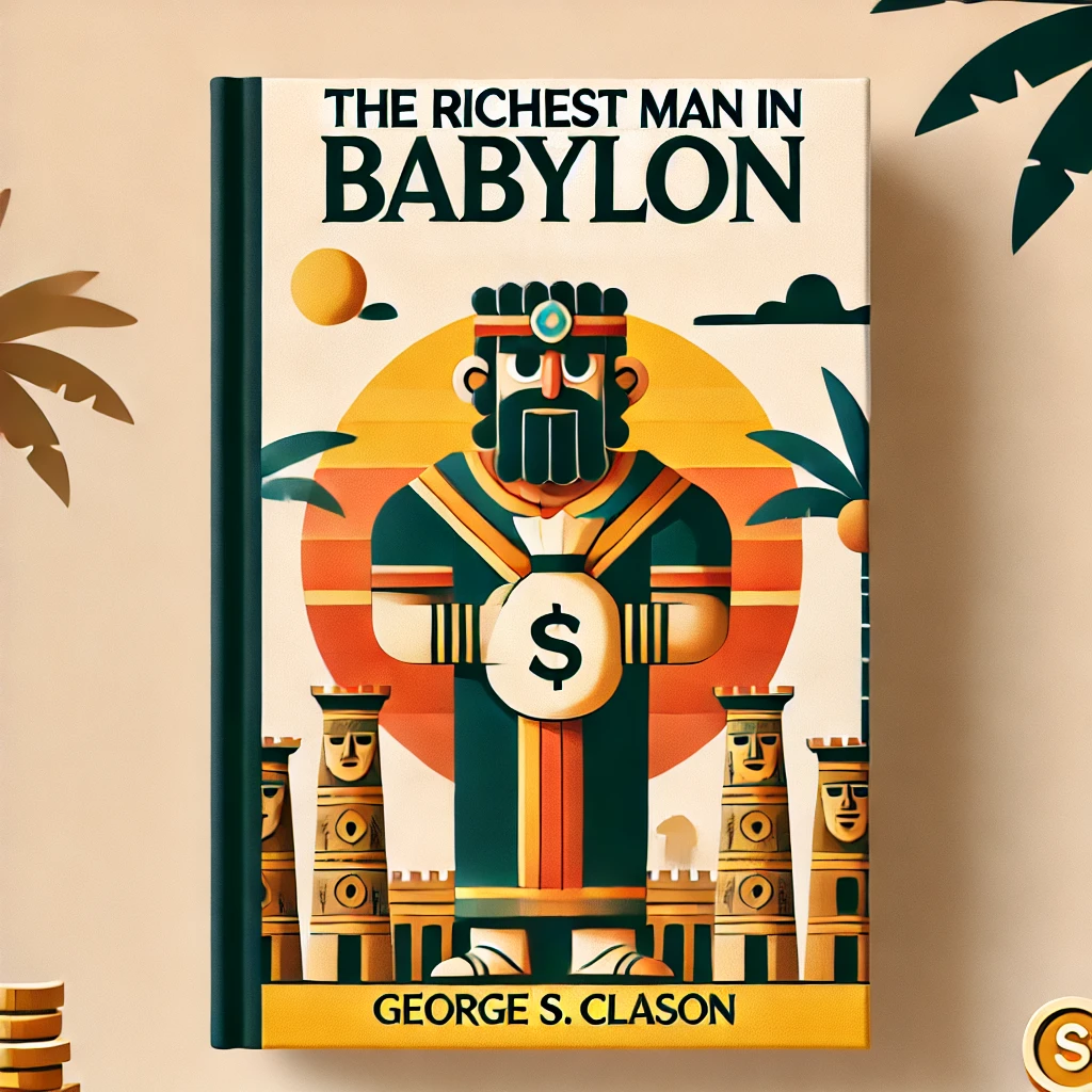 A cartoonish and simple book cover for 'The Richest Man in Babylon' by George S. Clason. The cover features a stylized, exaggerated character.