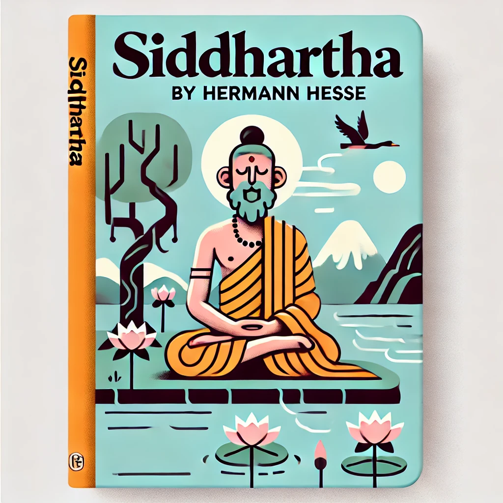 A cartoonish and simple book cover for 'Siddhartha' by Hermann Hesse. The cover features a stylized, exaggerated character of Siddhartha.