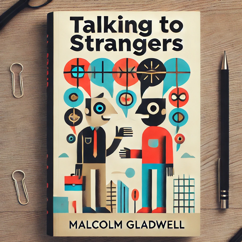  A cartoonish and simple book cover for 'Talking to Strangers' by Malcolm Gladwell. The cover features a stylized, exaggerated character of two people 