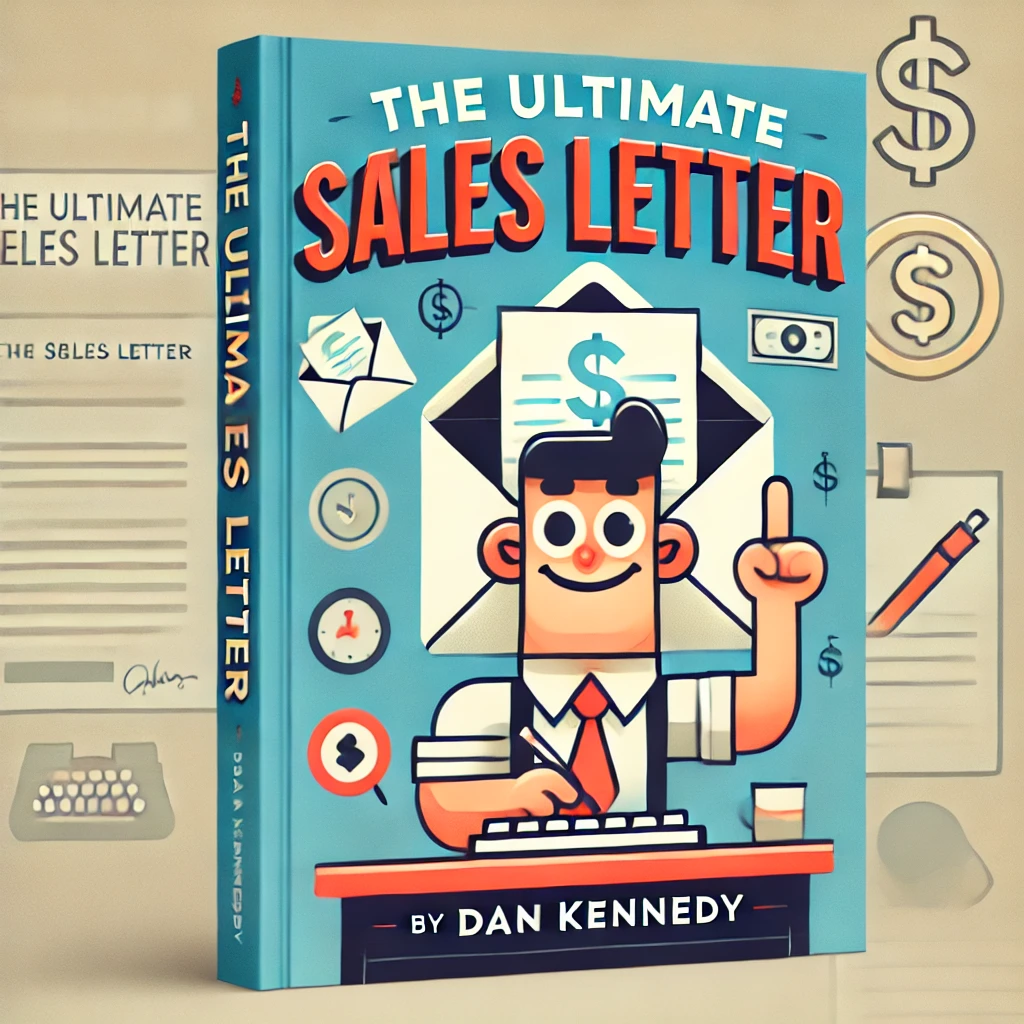 A cartoonish and simple book cover for 'The Ultimate Sales Letter' by Dan Kennedy. The cover features a stylized, exaggerated character of a person.