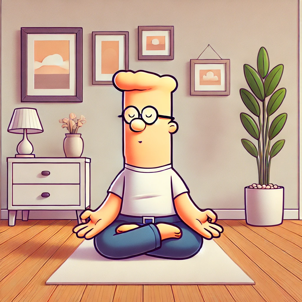 Dilbert character sitting cross-legged on the floor, meditating and doing a breathing exercise with his hand on his chest and stomach.